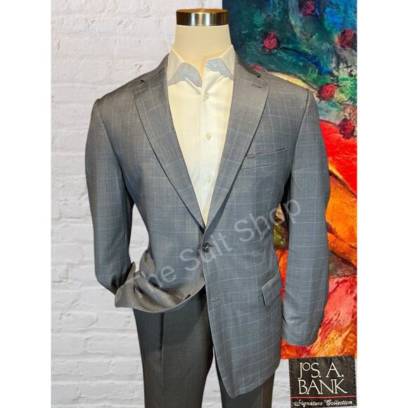 Jos A Bank Signature Collection 44L Gray Blue Plaid Blazer Sport Coat Jacket - Picture 1 of 13